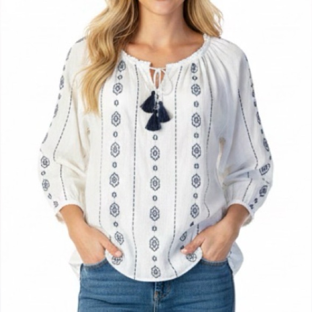 Nine West Boho White Cotton Peasant Blouse With Blue embroidery and Tassels L